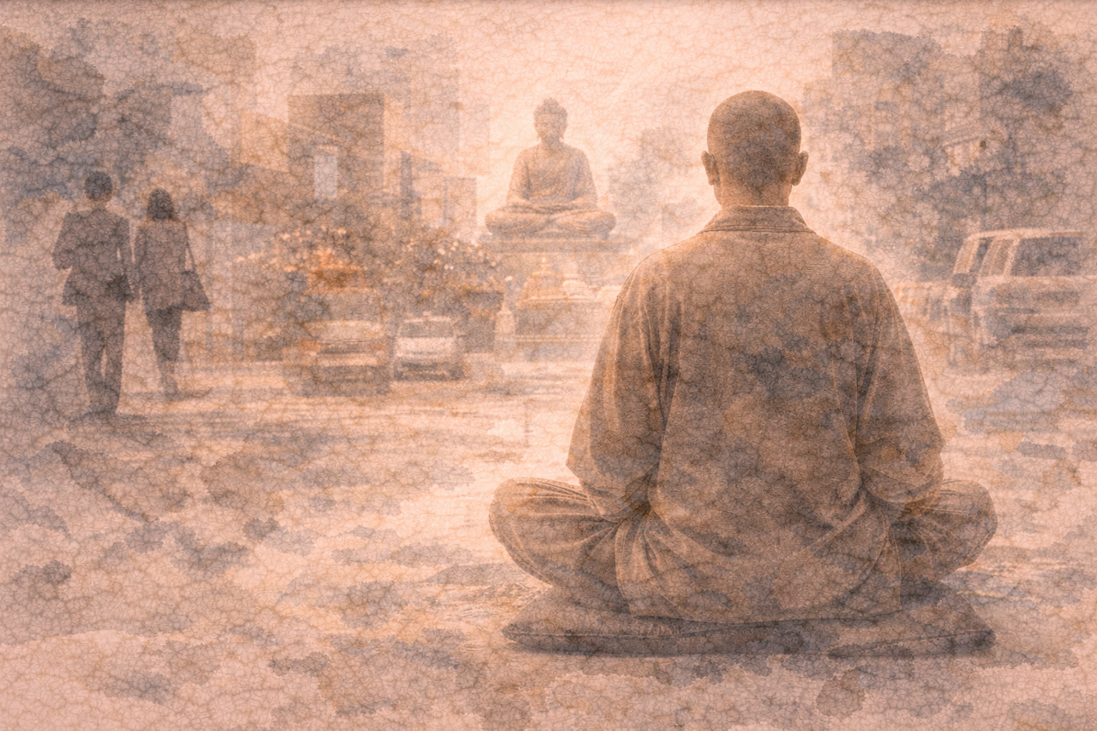 A person meditating calmly amid a busy urban setting with a distant Buddha figure, symbolizing the intensity of meditation retreats and the contrast between inner stillness and external stimulation