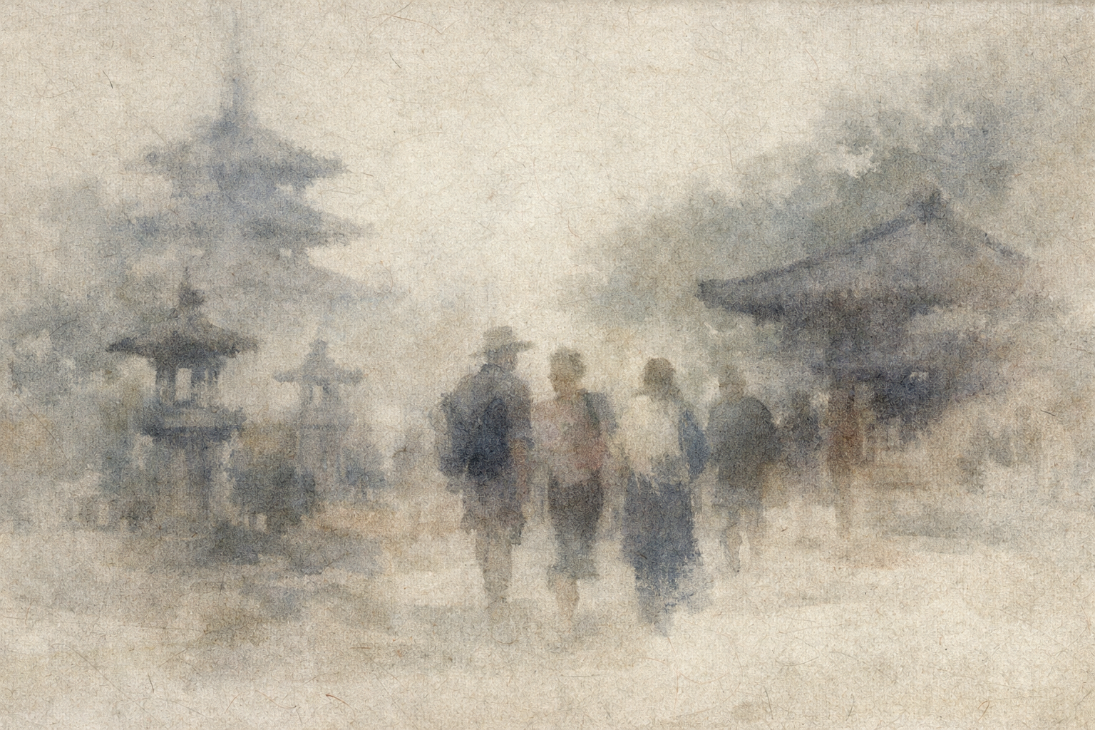 霧に包まれた寺院の空間を静かに歩く人々の姿。信仰の有無に関わらず、落ち着いた雰囲気や内省の時間を求めて寺院を訪れる人々の感覚を表している