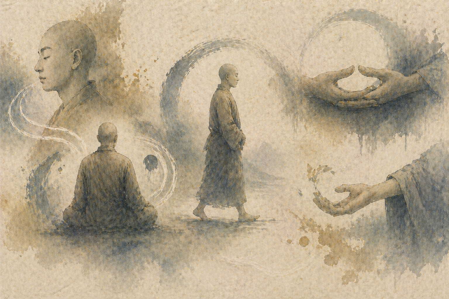 座る・歩く・手を差し出すといった僧の姿が描かれ、姿勢や動き、所作といった身体的な行為が仏教の実践を体現し、深めていく様子を表している