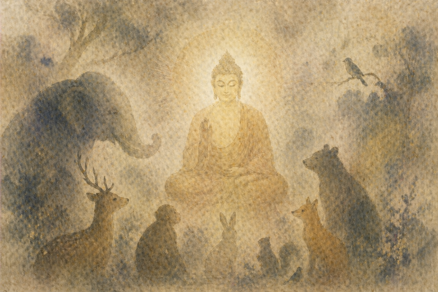 A serene image of the Buddha seated in meditation, surrounded by various animals—elephant, deer, birds, and others—symbolizing the continuity of life and rebirth without a fixed, unchanging self