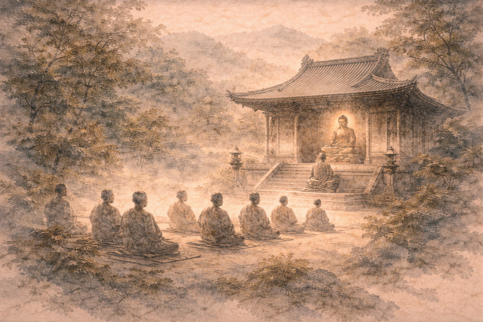 Abstract depiction of practitioners seated in quiet repetition before a Buddha figure in a temple setting, rendered in soft layered ink textures that evoke rhythm, continuity, and the steady deepening of understanding through repeated practice.