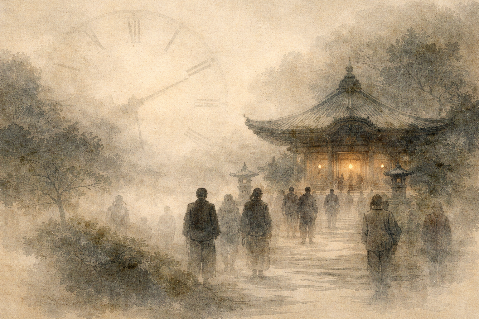 霧の中でやわらかな灯りの寺へ静かに向かう人々と、時間の流れを感じさせる淡い時計の気配。季節ごとの仏教習慣が今も日本の日常のリズムと意味を形づくっていることを象徴している
