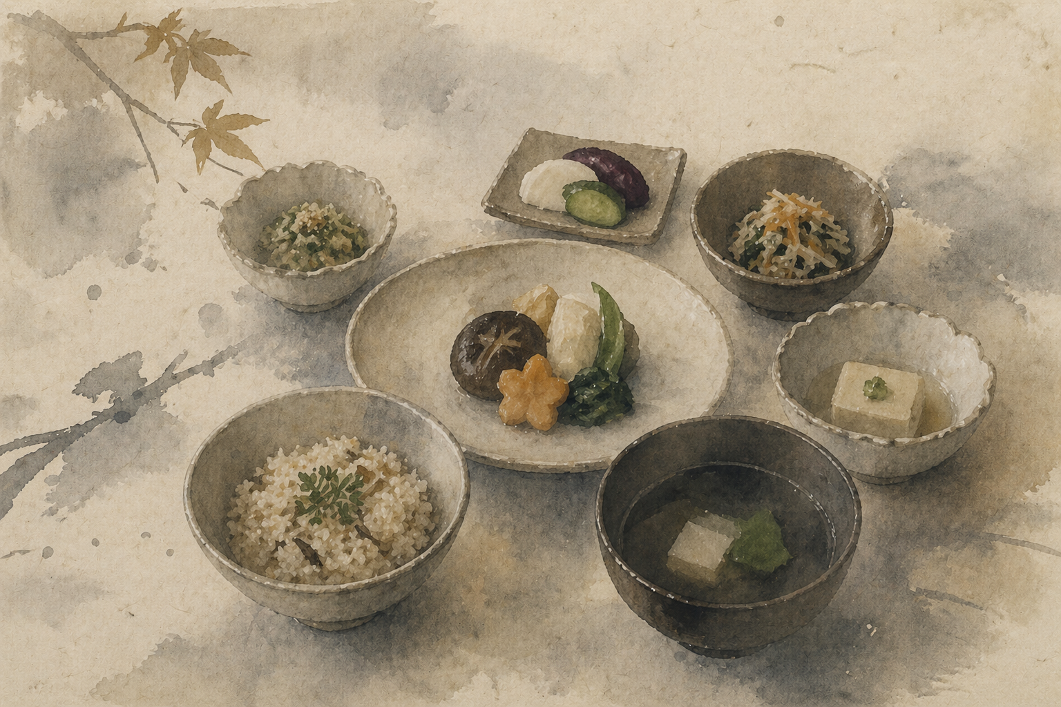 A carefully arranged set of shojin ryori dishes—rice, soup, tofu, pickles, and seasonal vegetables—presented in simple bowls, reflecting balance, simplicity, and mindful attention