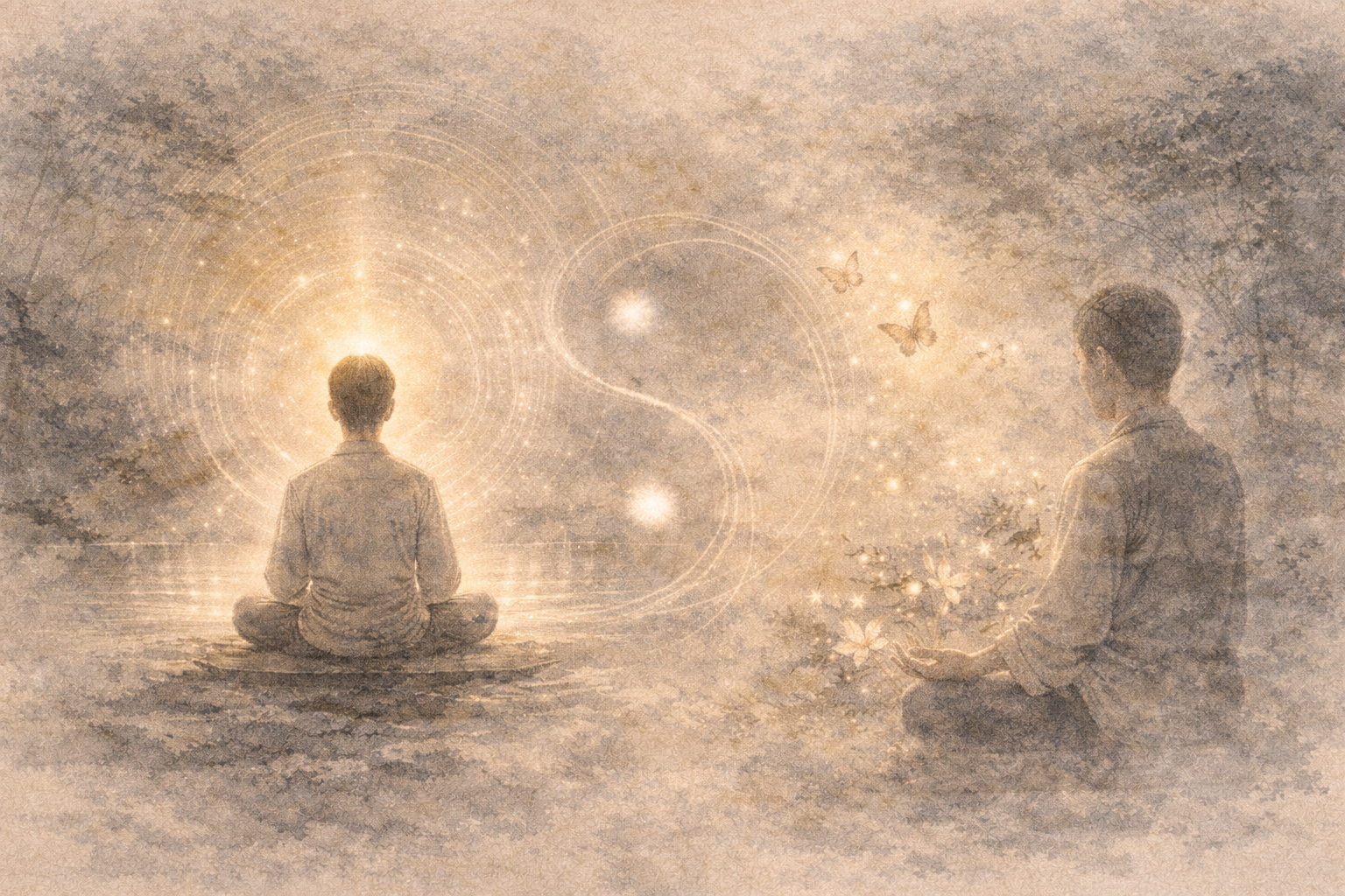Two figures sit quietly in meditation within a soft, luminous landscape, surrounded by subtle light and natural elements—expressing the clarity, calm, and inner richness that arise from simplicity in Buddhist monastic life