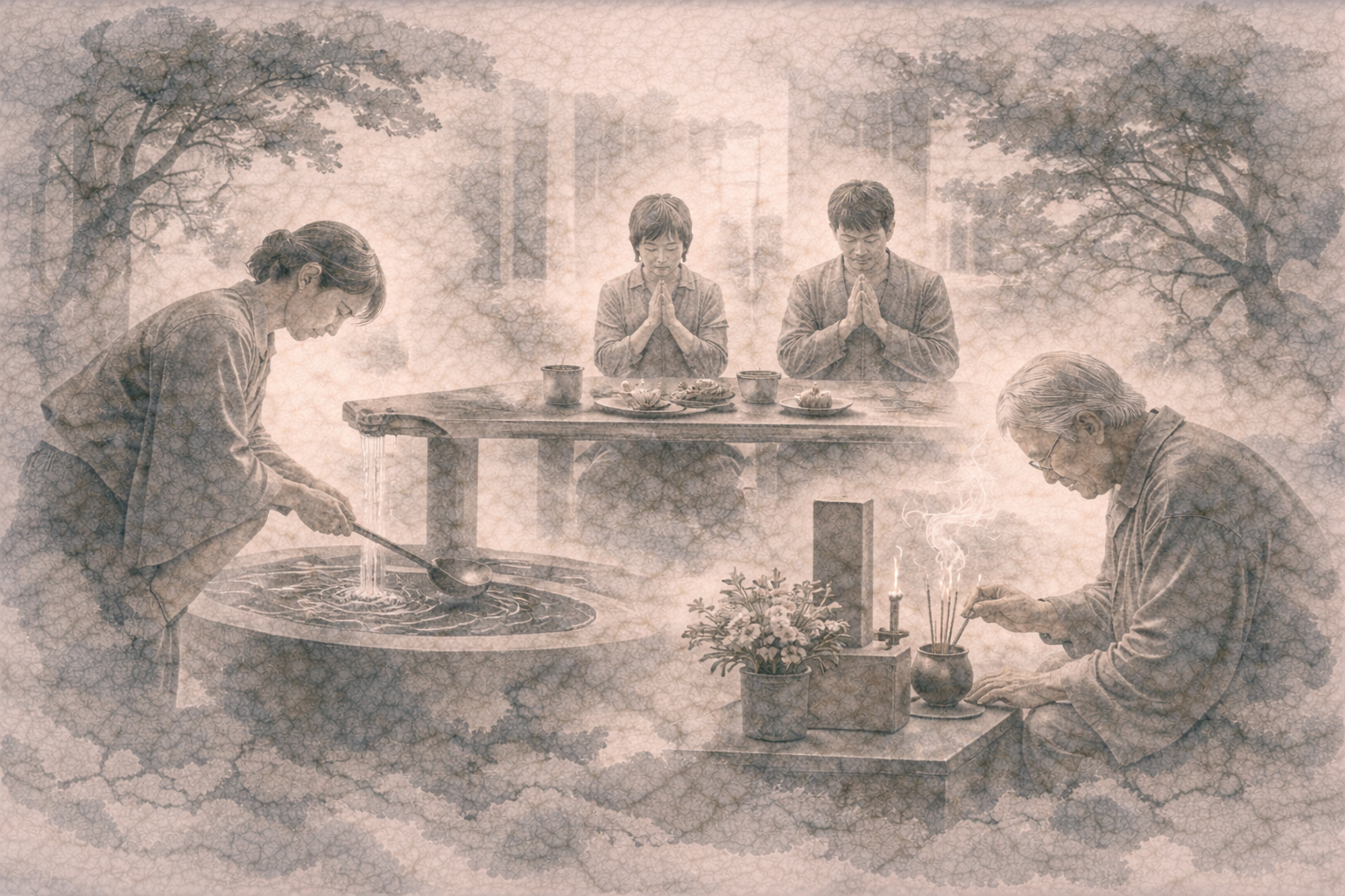 Abstract depiction of everyday Japanese moments quietly shaped by Buddhist sensibilities, including gratitude before a meal, remembrance rituals, and simple daily actions, rendered in soft ink textures that evoke subtle spirituality without overt religious symbolism.