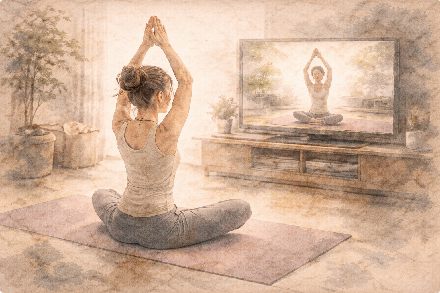 Watercolor-style image of a person sitting on a yoga mat at home, following a guided meditation session displayed on a TV screen. The scene represents how meditation apps can support consistency and help beginners build a lasting daily habit.