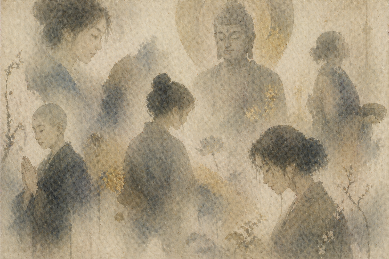 Layered, softly blended figures of women in different postures of prayer and contemplation, surrounding a faint Buddha figure—suggesting the many nuanced and evolving roles women hold within Buddhism