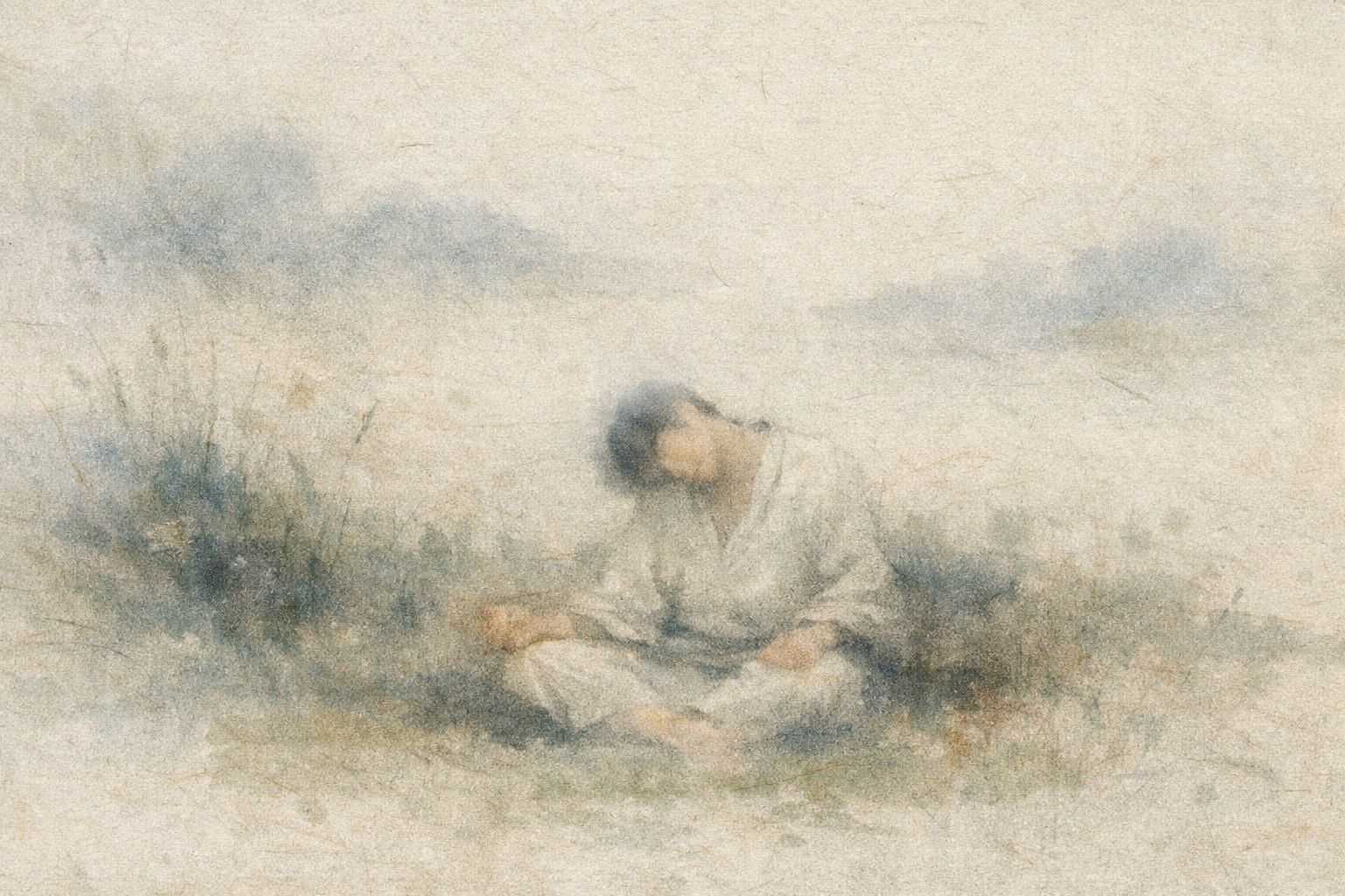 Abstract depiction of a solitary figure resting in a quiet, open landscape, rendered in soft, muted ink textures that evoke mental fatigue, gentle overwhelm, and the subtle exhaustion that can arise even without physical effort.