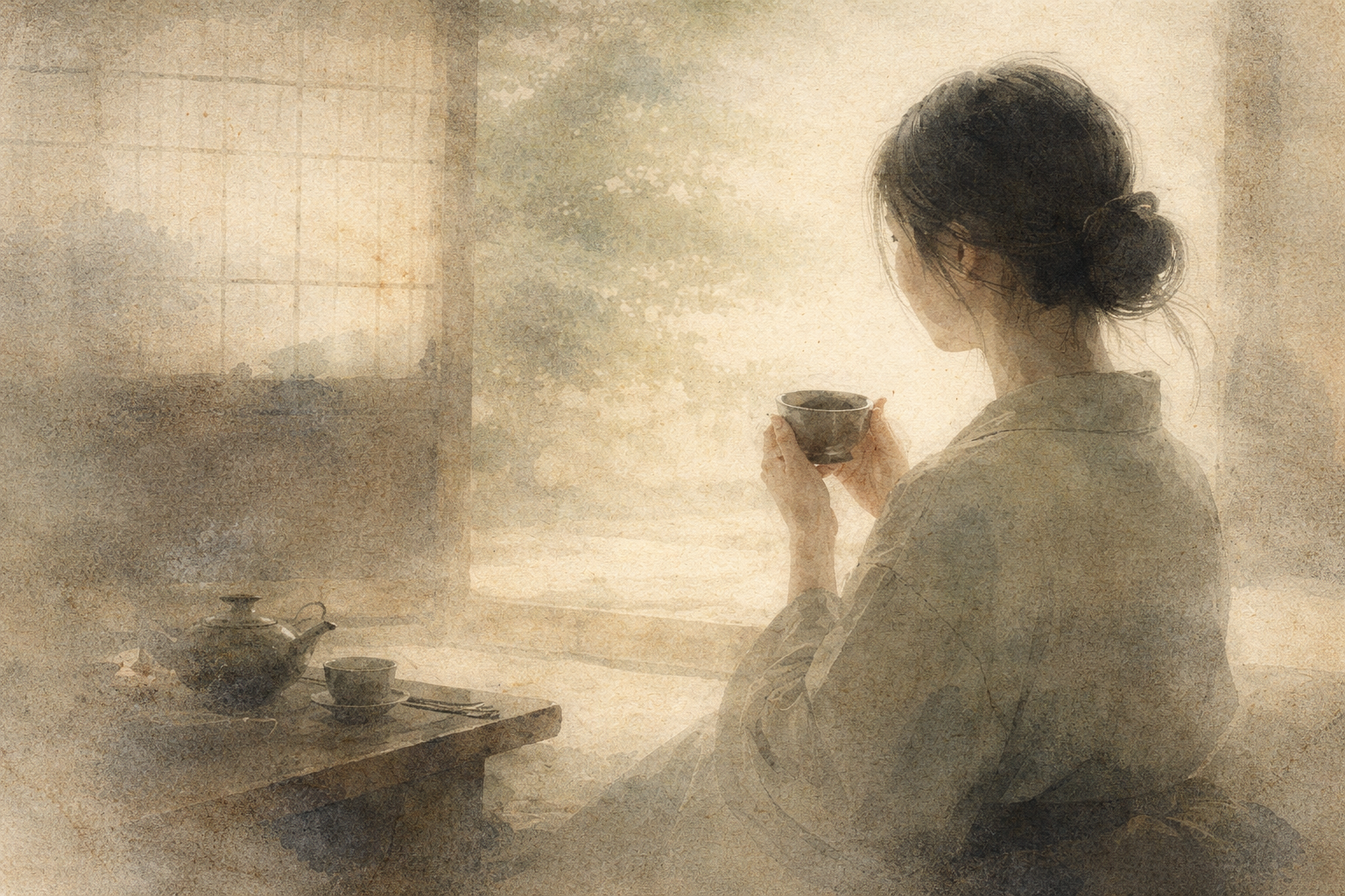 Soft watercolor-style scene of a person quietly holding a teacup beside a simple tea set, gazing into a tranquil landscape, symbolizing impermanence, change, and the gentle appreciation of fleeting moments in Zen teaching.