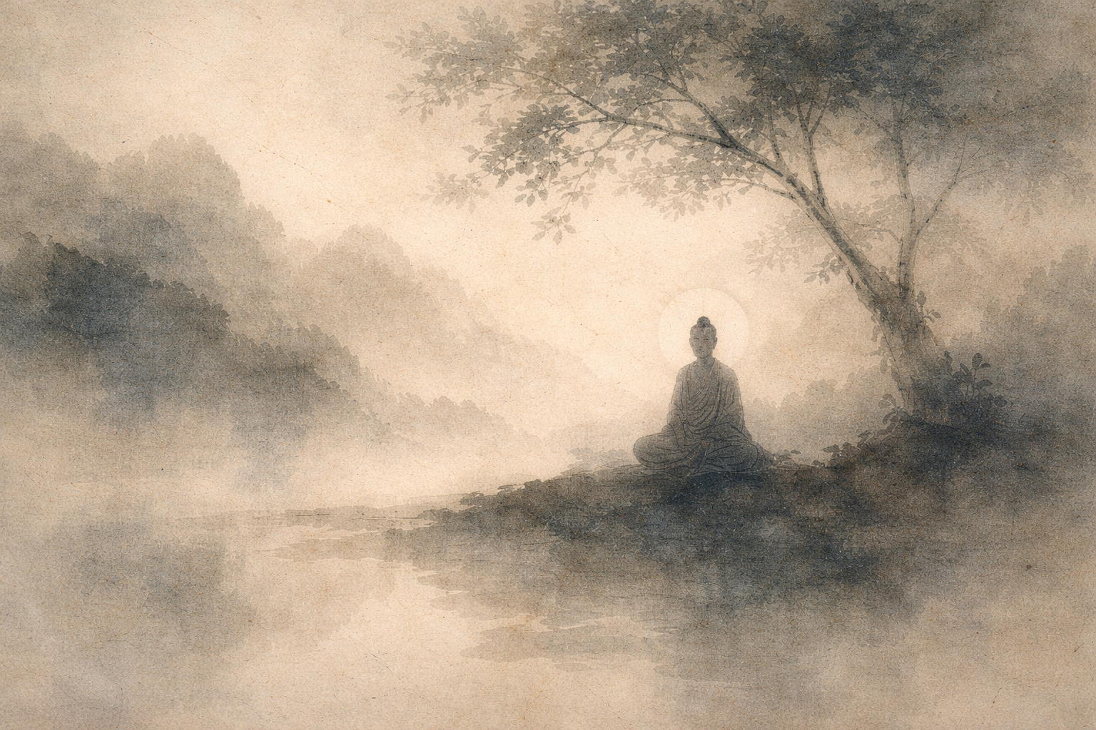 Serene watercolor-style scene of a meditating figure beneath a quiet tree beside still water, symbolizing silence, awareness, and the gentle release of attachment in Zen teaching.