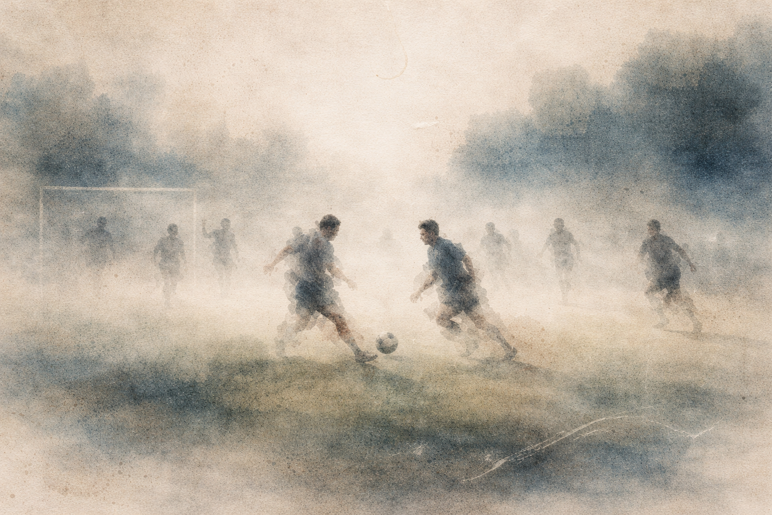 Watercolor-style scene of soccer players in motion on a misty field, symbolizing full presence, focus, and immersion in the present moment as emphasized in Zen teaching.