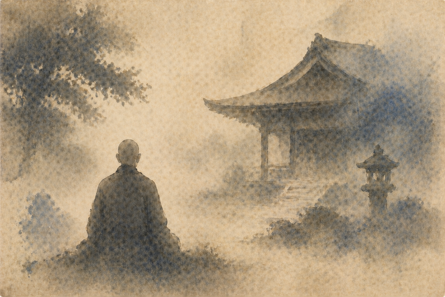 A solitary monk seated in meditation facing a quiet temple in a misty landscape, evoking different paths of practice—contrasting the inward stillness of Zen with the devotional atmosphere associated with Pure Land Buddhism