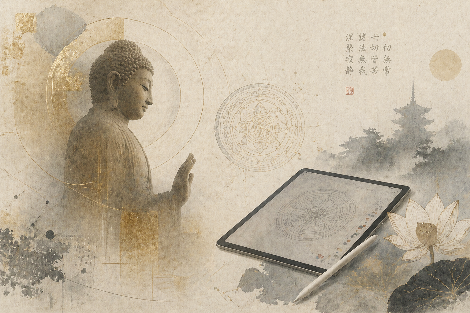 A serene Buddha statue facing a digital tablet with a stylus, surrounded by subtle mandala patterns, a lotus flower, and a distant temple—symbolizing the intersection of traditional Buddhist wisdom and modern AI tools, and the balance between questions suited for technology and those requiring a human teacher