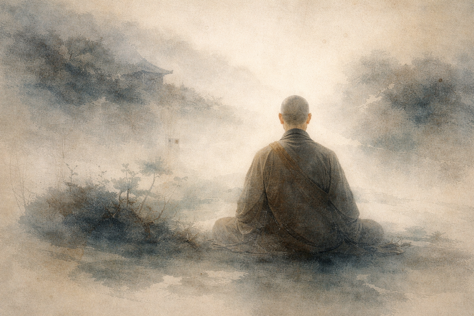 A solitary monk seen from behind in a misty mountain landscape, evoking the contemplative spirit of Saicho and the quiet discipline of early Tendai Buddhist practice.
