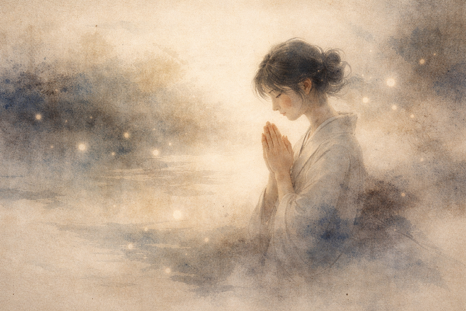 A young woman in quiet prayer with hands together, surrounded by a soft, glowing atmosphere, evoking the serene spirituality associated with ancient Japanese temples.