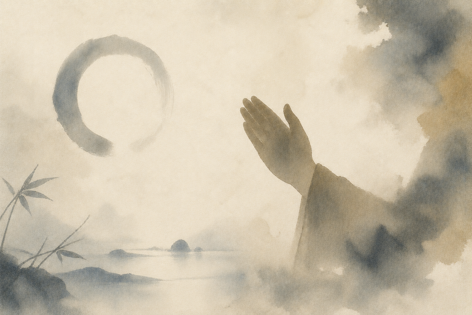 Watercolor illustration of a single raised hand beside an enso circle in a misty Zen landscape, symbolizing the koan of the sound of one hand clapping.