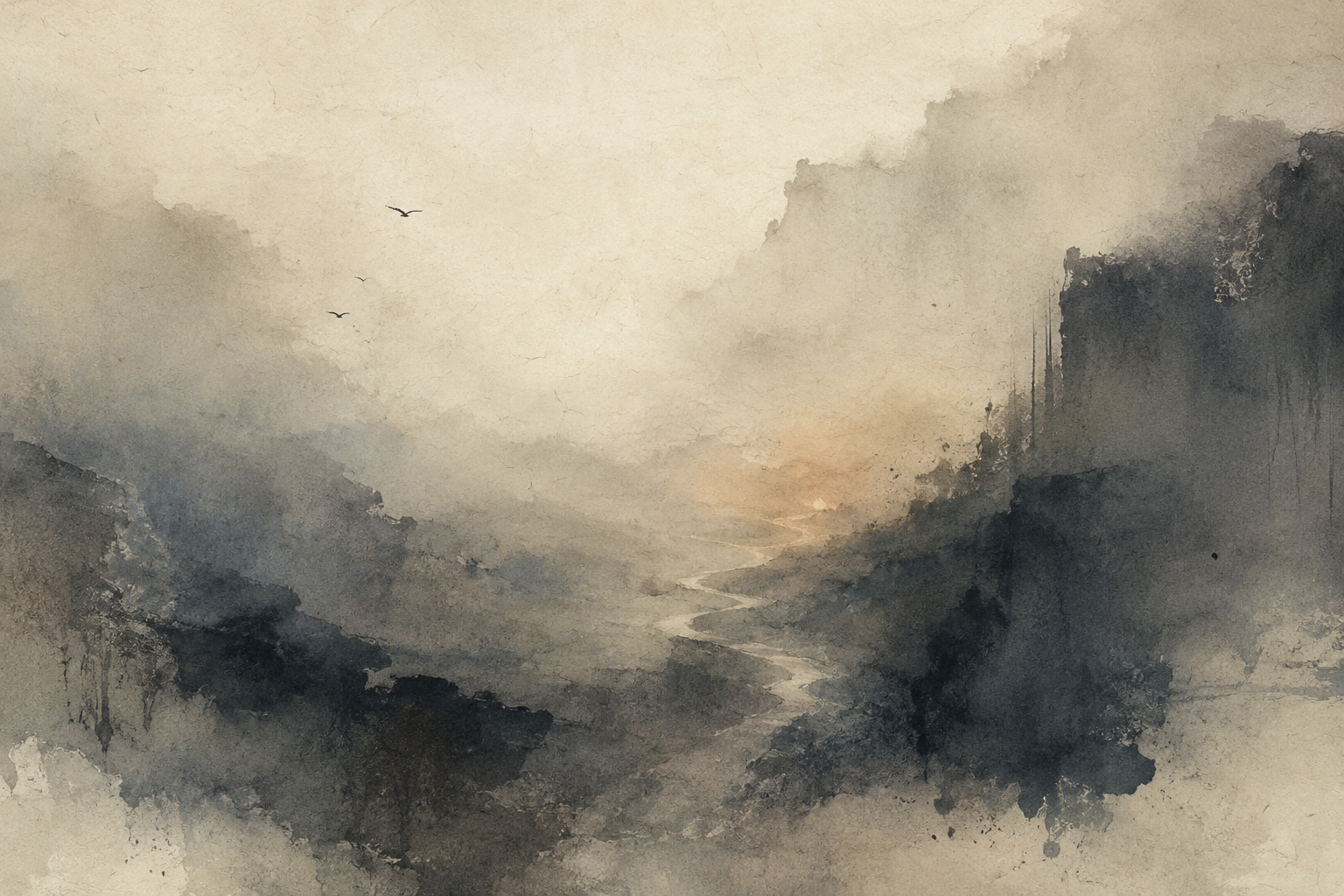 Abstract watercolor of a shadowed valley with a winding path toward distant light, symbolizing Naraka, the Buddhist hell realm, without fearmongering.