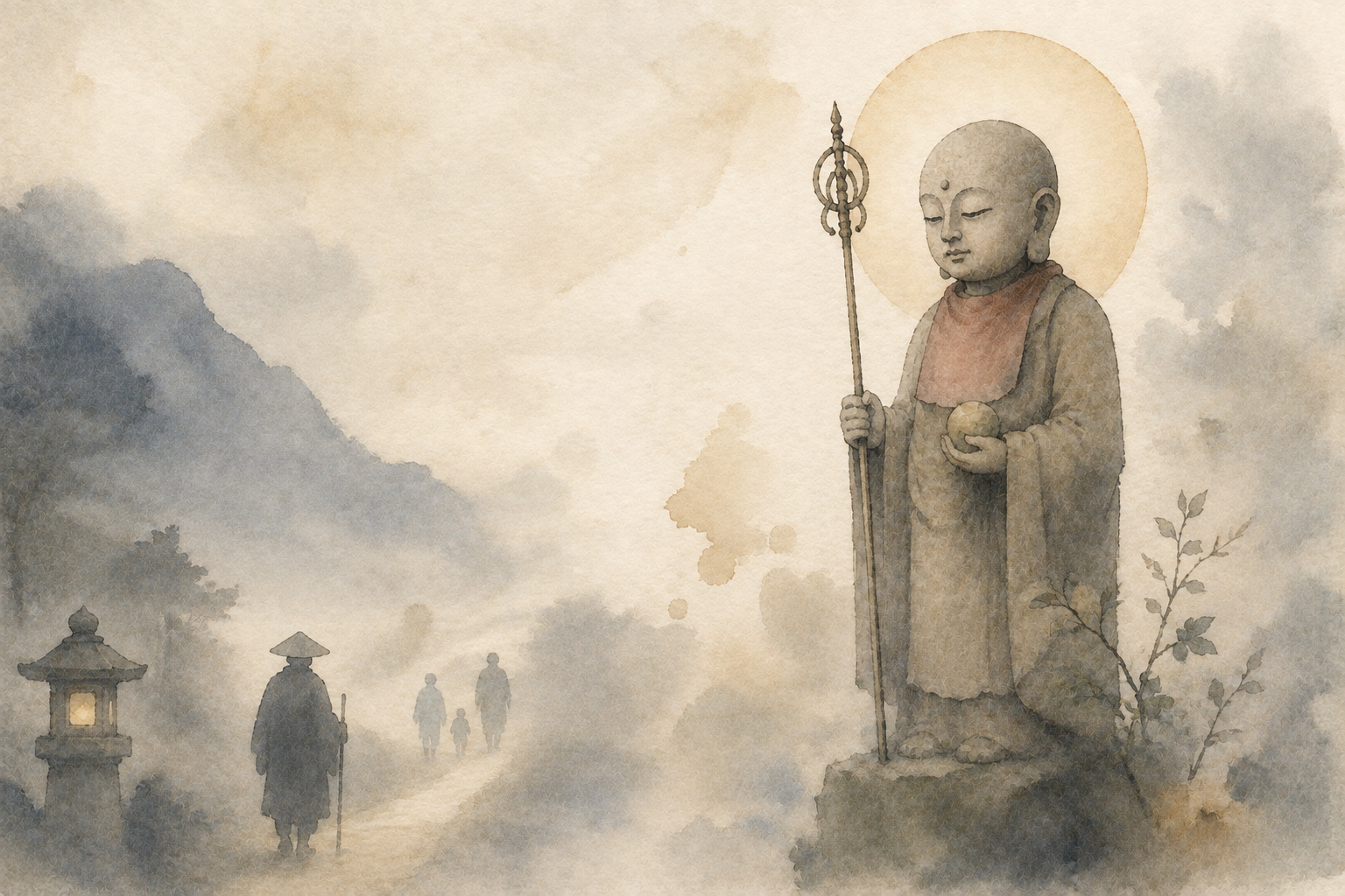 Soft watercolor illustration of Jizo Bosatsu standing beside a misty mountain path, holding a staff and jewel, while a pilgrim and a small family walk below, symbolizing protection for travelers and vulnerable people.