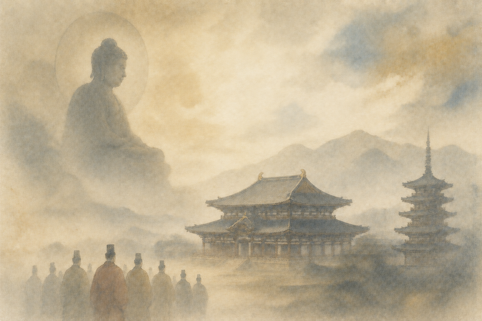 Soft watercolor illustration of a large Buddha overlooking a Nara-period temple complex and pagoda, with court officials gathered below, symbolizing the integration of Buddhism into state life in ancient Japan.