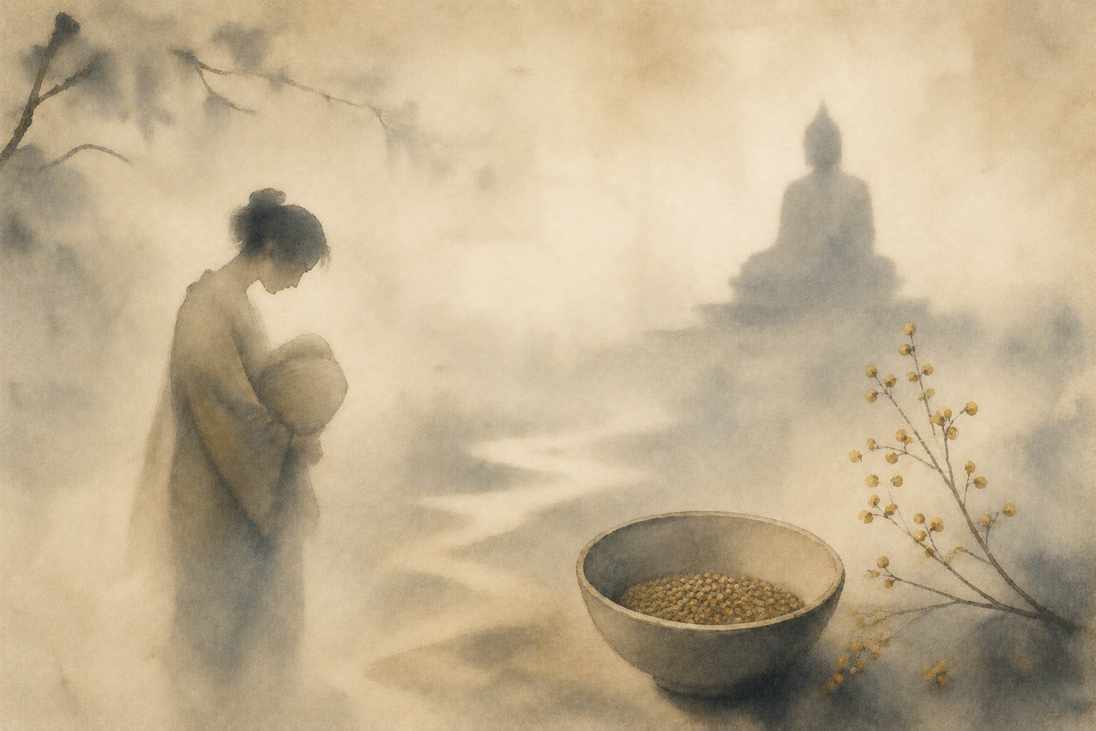 Soft watercolor illustration of Kisa Gotami holding her child beside a bowl of mustard seeds, with a distant Buddha in the mist, symbolizing grief and impermanence.