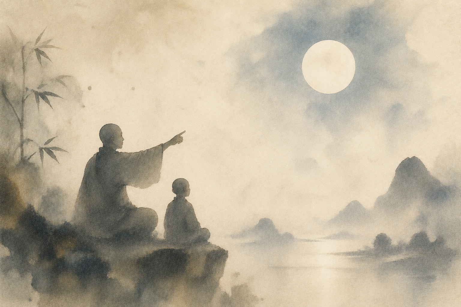 Watercolor illustration of a monk pointing at the moon while a child looks on, symbolizing the Buddhist teaching that words point toward truth but are not the truth itself.