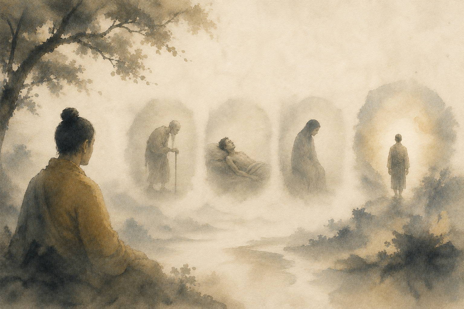 静かに坐る人物の前に、老い、病、死、そして出家という仏陀の四門出遊が霧のような幻影として浮かぶ水彩画。