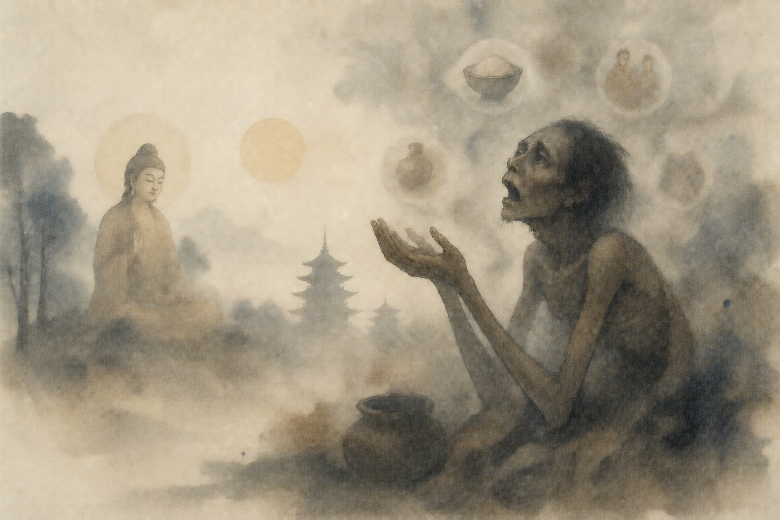 Watercolor illustration of a hungry ghost reaching out in a misty landscape beside a serene Buddha, with symbolic images of food and worldly desire, evoking Buddhist teachings on attachment.