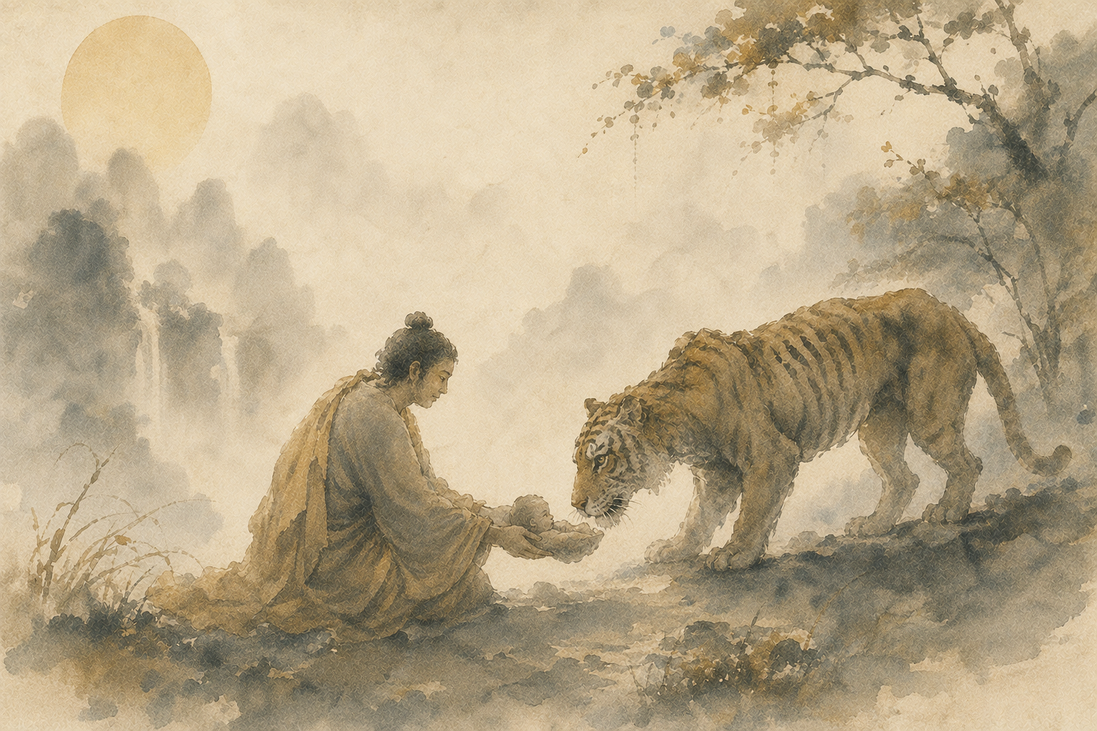 Watercolor illustration of a bodhisattva offering a baby to a starving tigress, symbolizing selfless compassion in the Hungry Tigress Jataka story.