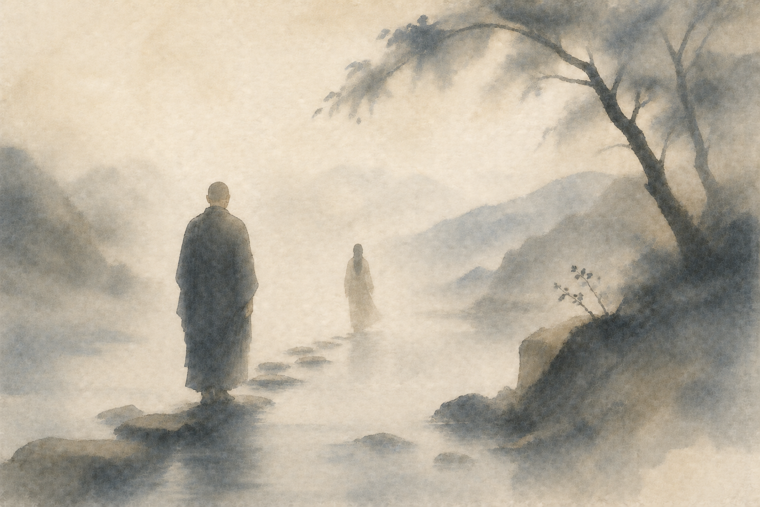 Watercolor illustration of a monk standing on stepping stones in a misty river landscape, facing a distant woman, evoking the Buddhist story of attachment and letting go.