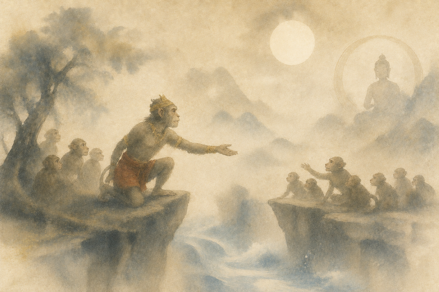 Watercolor illustration of the Monkey King reaching across a mountain chasm to protect his troop, symbolizing sacrifice, compassion, and selfless leadership in the Jataka tale.