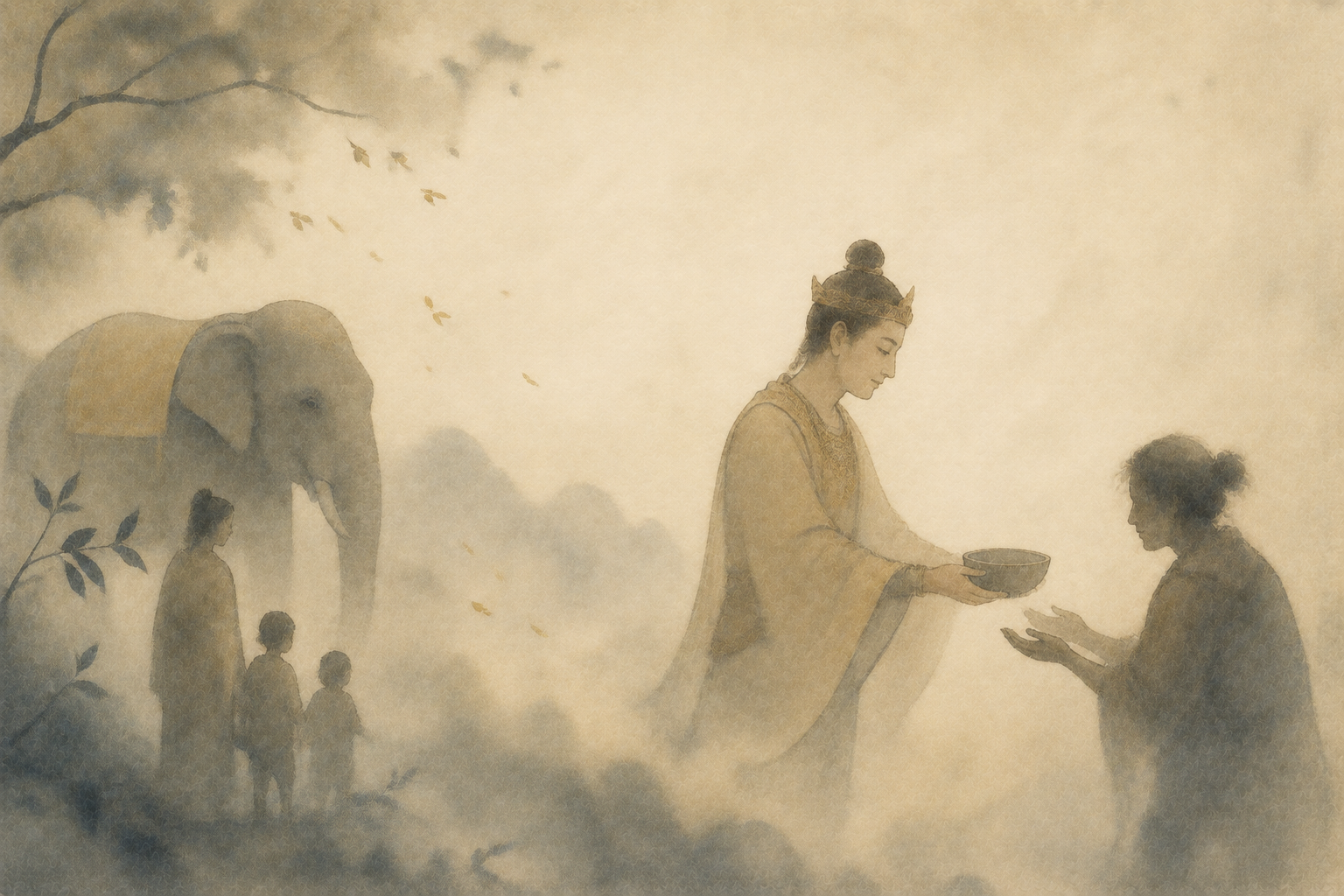 Soft watercolor illustration of Prince Vessantara offering a bowl to a poor woman, while children and an elephant stand quietly in the mist behind him, symbolizing generosity and selfless giving in Buddhist teaching.