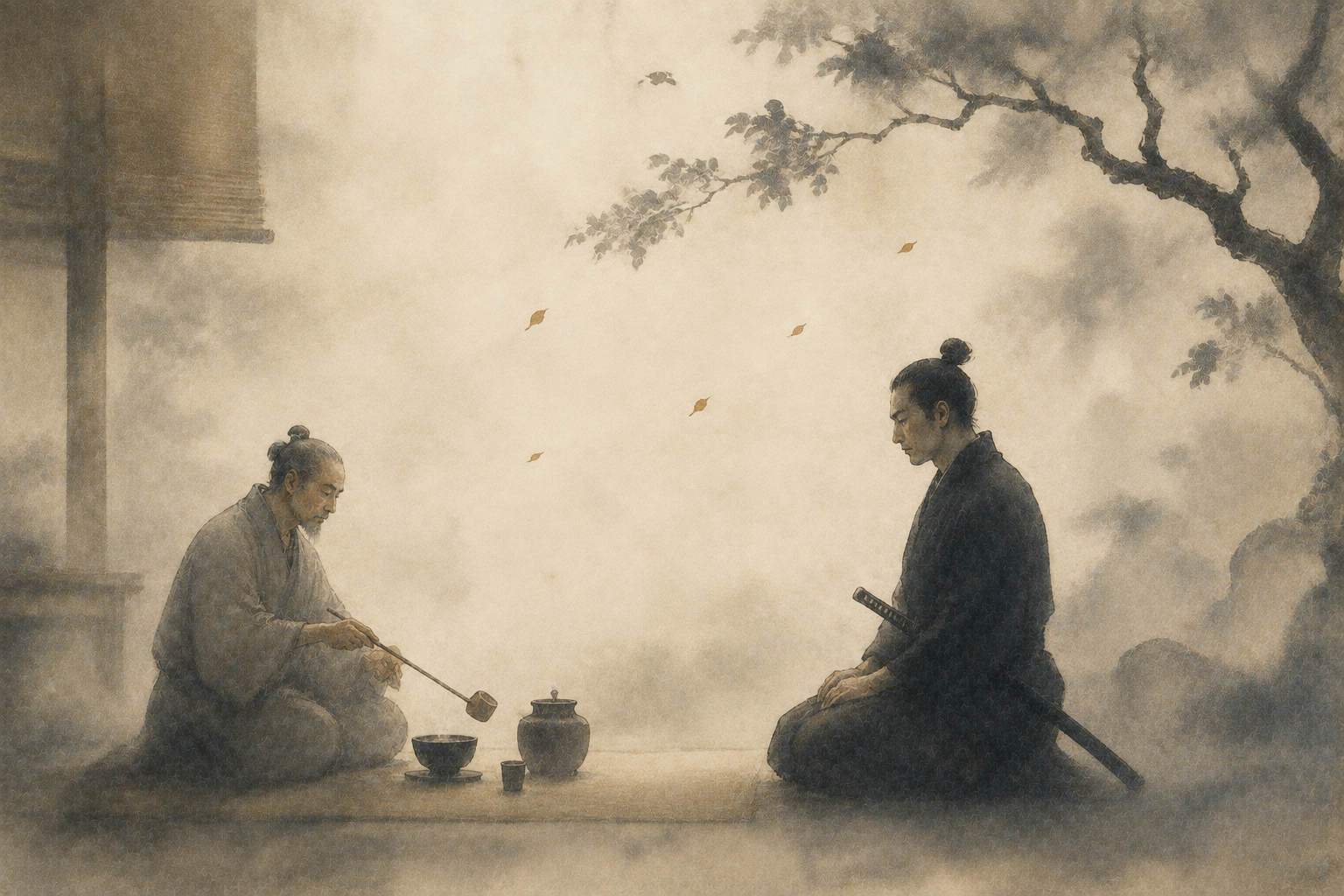 Soft watercolor illustration of a tea master and a samurai seated face to face in a misty outdoor setting, with tea utensils between them, expressing a quiet Zen moment of fear, composure, and mindful presence.