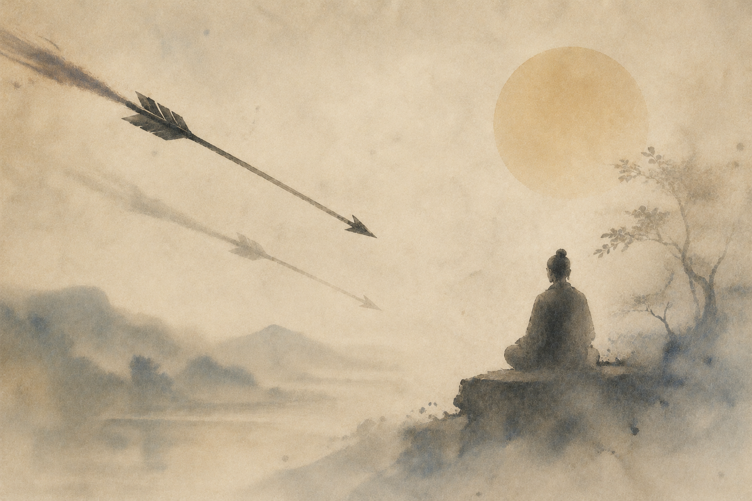 霧の風景の中で坐って瞑想する人物の前を二本の矢が横切る水彩画。痛みと苦しみに関する仏教の教えを象徴しています。