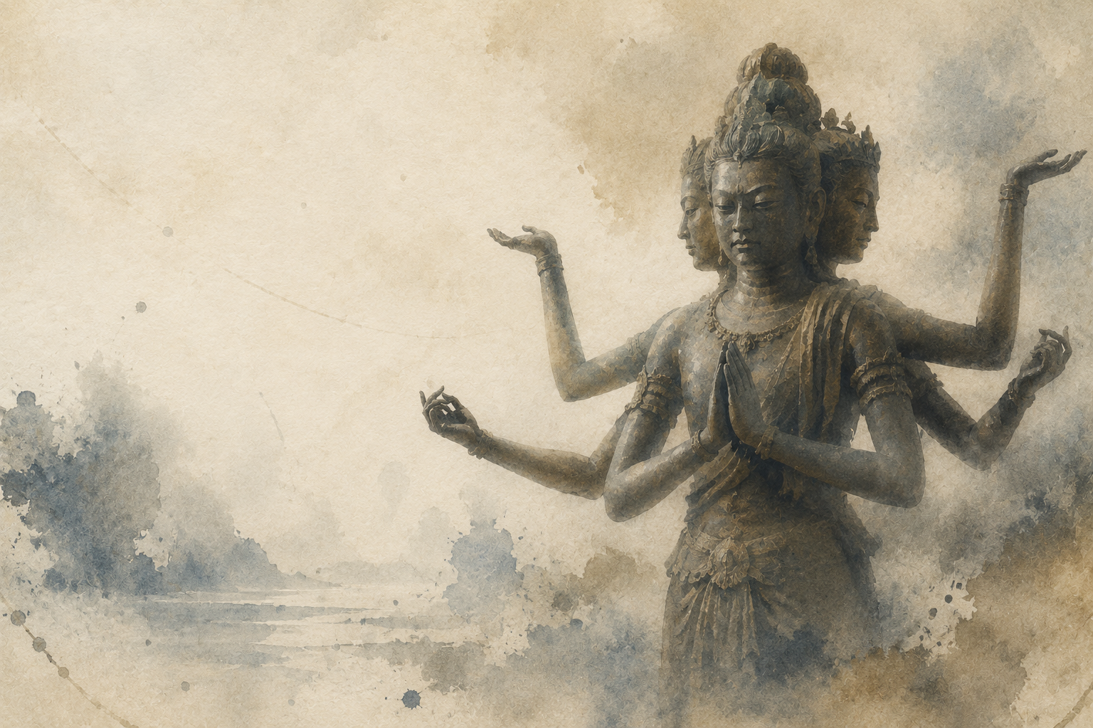 Watercolor illustration of a multi-faced, many-armed Asura figure emerging from mist, symbolizing pride, struggle, and inner conflict in Buddhist teaching.