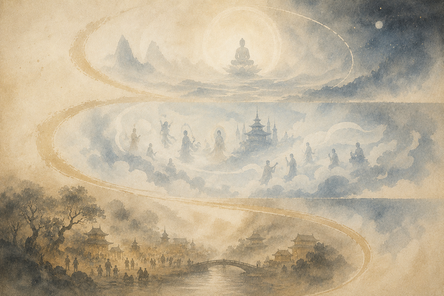 Watercolor illustration of the three realms in Buddhism, shown as layered scenes of earthly life, celestial beings, and a serene meditative realm above, connected by a flowing path.