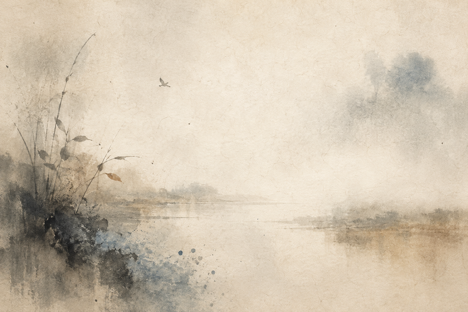 An abstract watercolor painting depicting plants, a quiet waterfront, and birds in flight, symbolizing respect for life and the Buddhist precept against taking life.