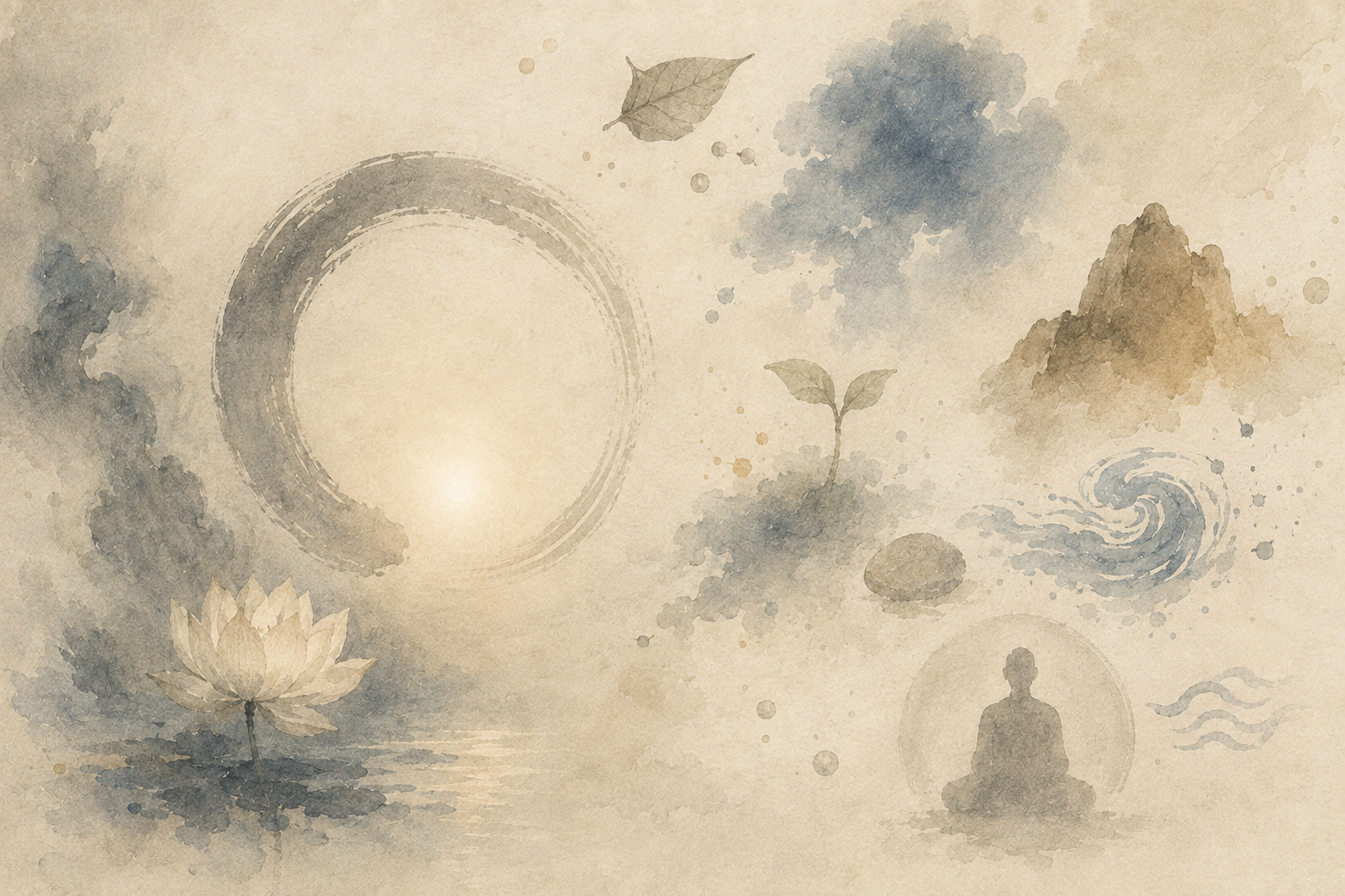 An abstract watercolor painting depicting a lotus flower, an *enso* (Zen circle), sprouting buds, mountains, waves, and a meditating figure, symbolizing all existence and the Dharma in Buddhism.