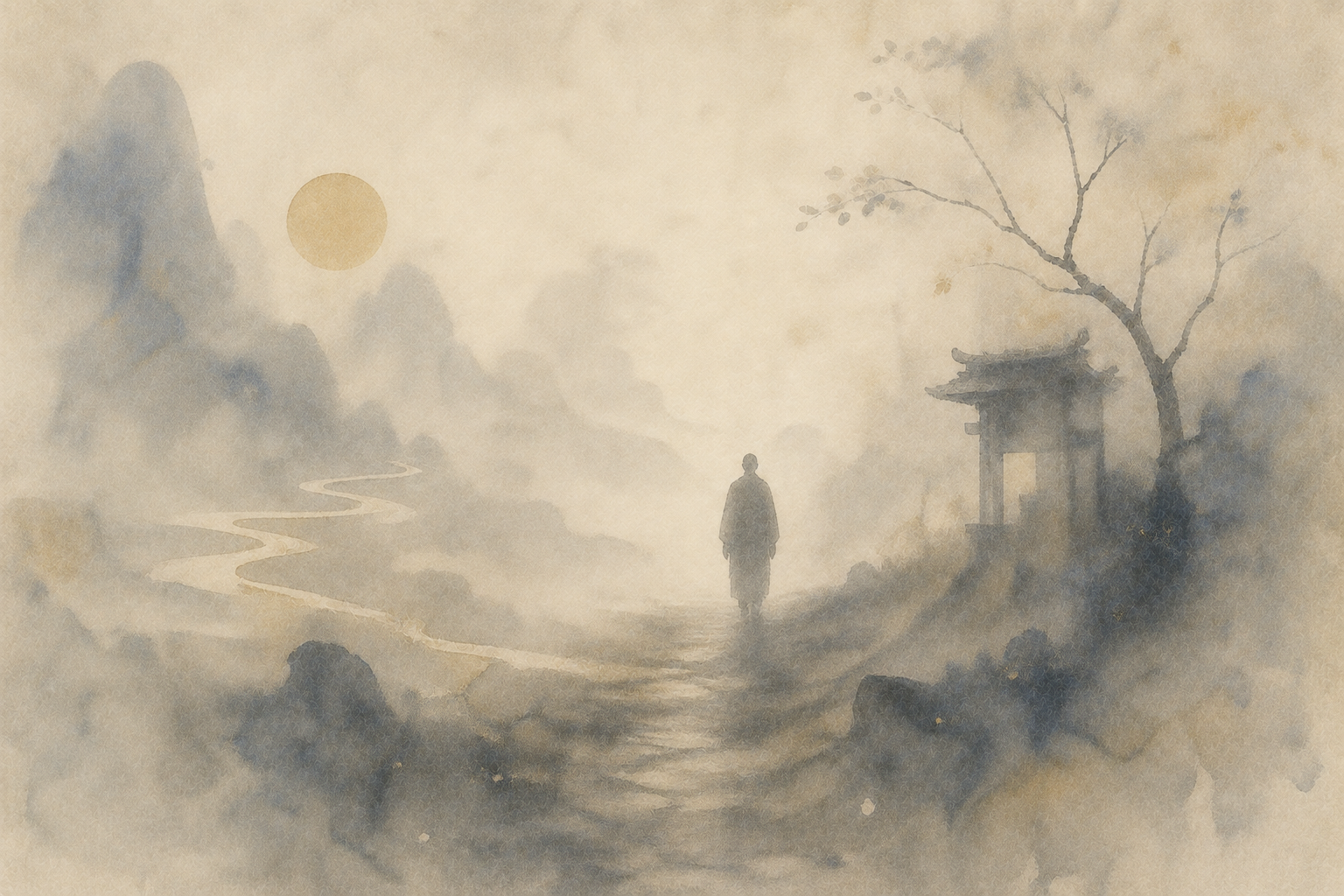 Soft watercolor illustration of a solitary monk walking along a winding path through misty mountains toward a distant gate, symbolizing Chuin, the intermediate period after death in Japanese Buddhism.