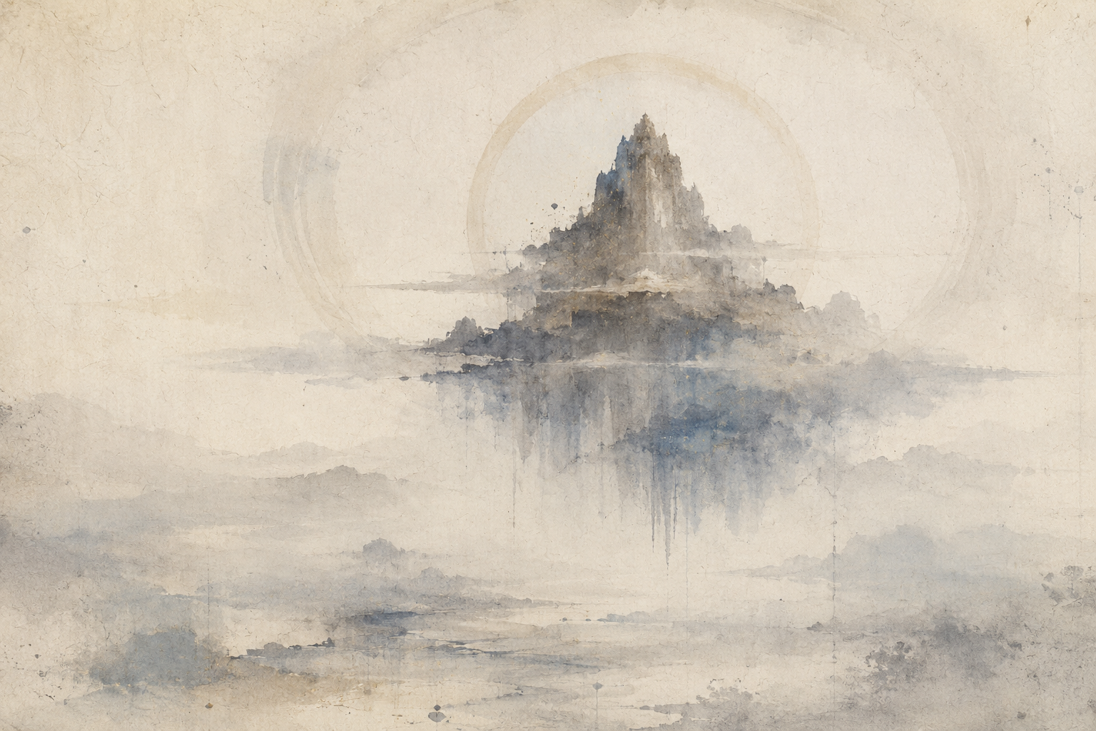 Abstract watercolor illustration of Mount Sumeru rising through mist with a circular halo, symbolizing the sacred mountain at the center of Buddhist cosmology.
