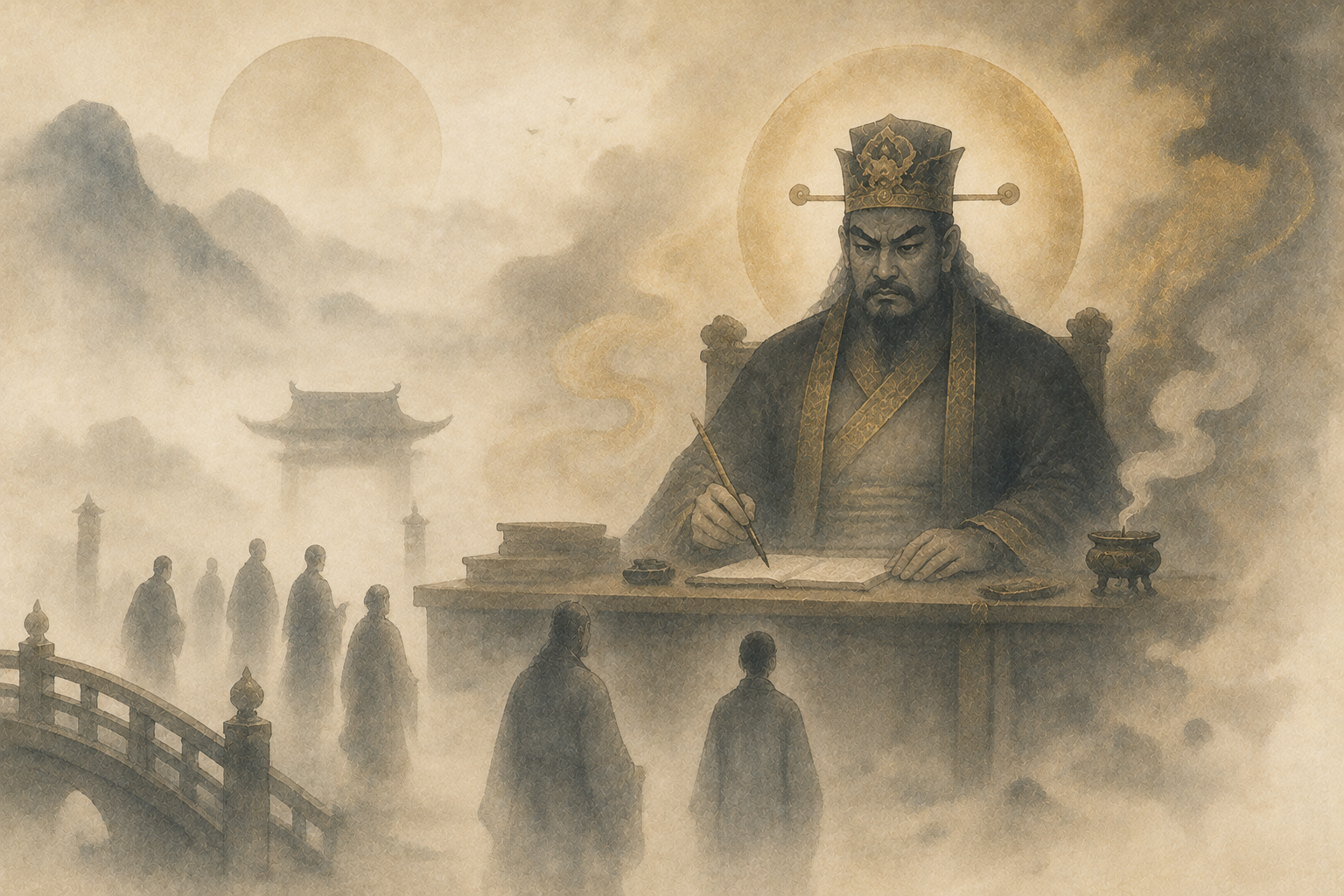 Watercolor illustration of Yama seated in judgment before departed figures crossing a misty bridge, representing the Buddhist judge of the dead.