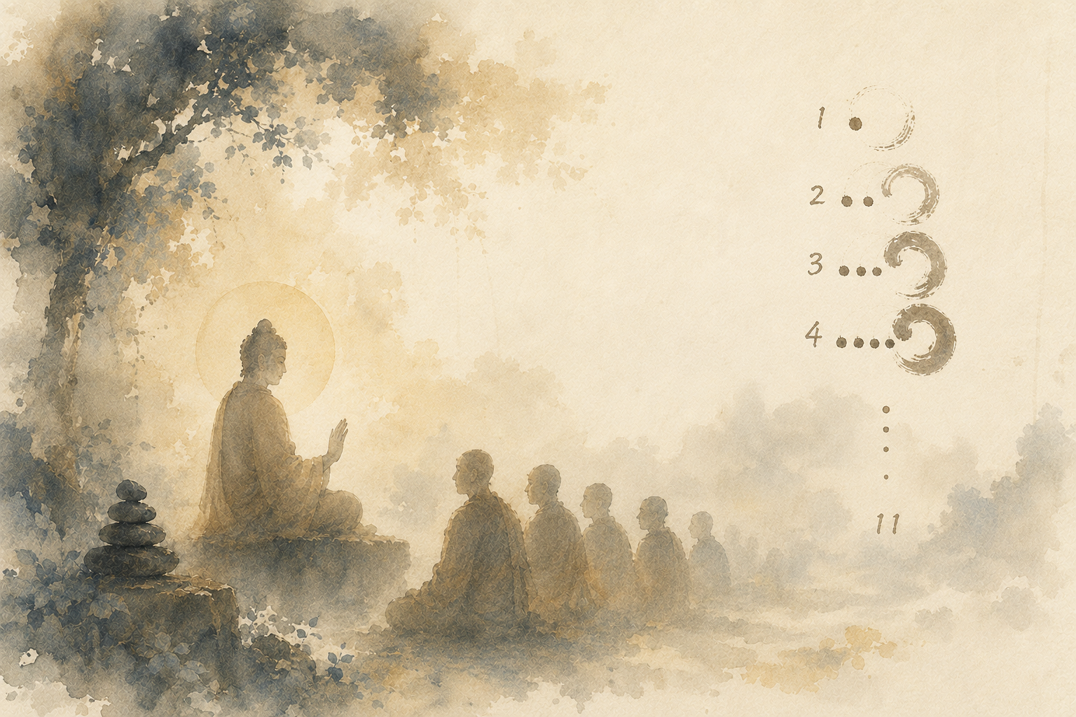 Watercolor illustration of the Buddha teaching seated monks beneath a tree, with numbers from one to eleven symbolizing the numbered discourses of the Anguttara Nikaya.