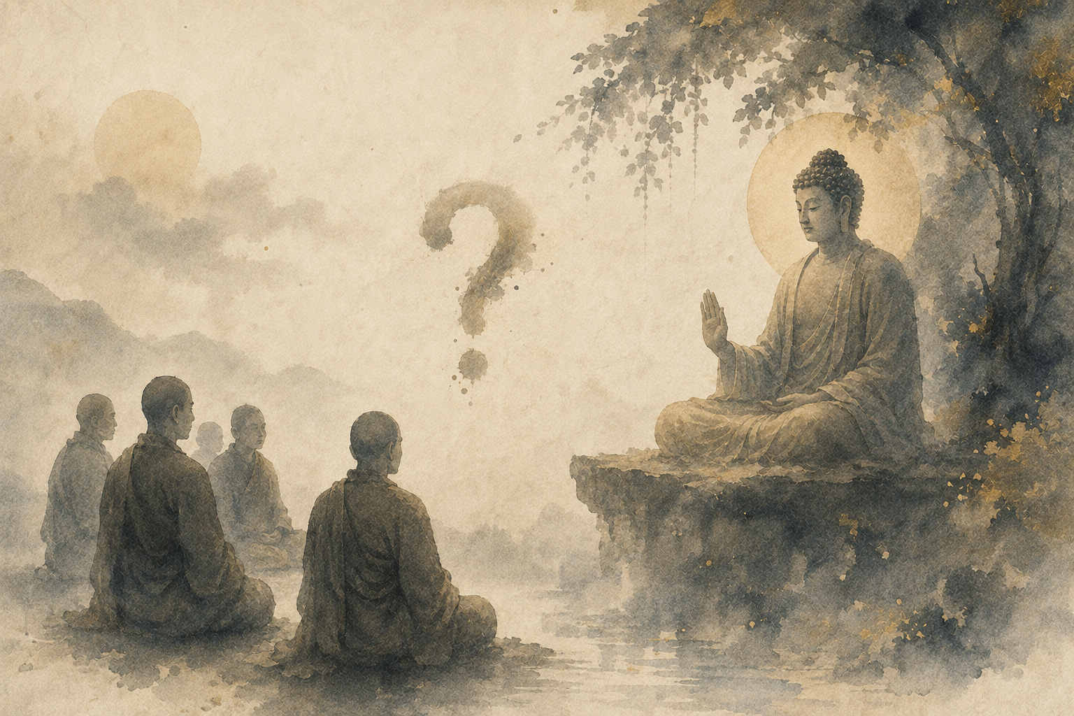 Watercolor illustration of the Buddha teaching seated monks beside a floating question mark, symbolizing the questions he chose not to answer.