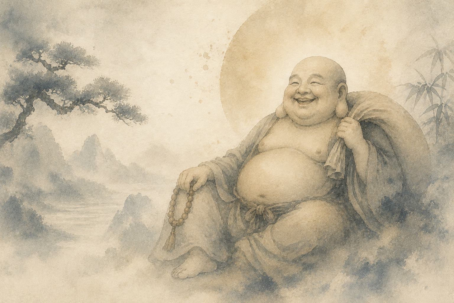 Watercolor illustration of Hotei smiling with prayer beads and a cloth sack, seated in a misty landscape, symbolizing joy, contentment, and good fortune in Japanese Buddhism.
