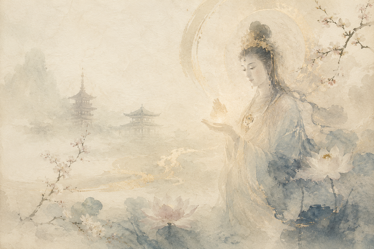 Soft watercolor illustration of Kisshoten, a serene goddess-like figure in flowing robes, holding a glowing blessing in her hands amid lotus flowers, temple silhouettes, and misty blossoms, symbolizing fortune, beauty, and blessings in Japanese Buddhism.