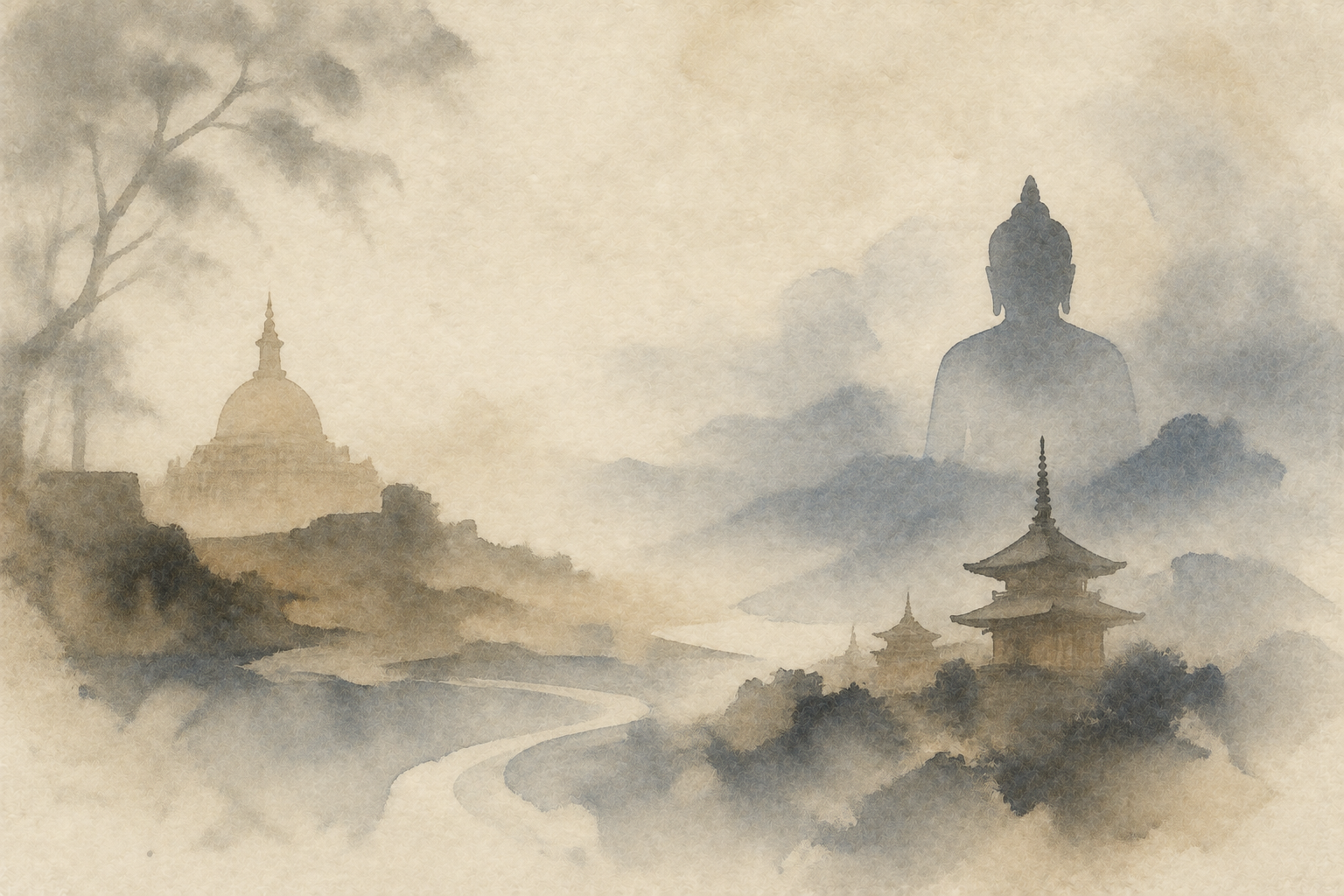 Watercolor illustration of a Buddhist path extending from an Indian-style stupa toward East Asian pagodas and a large Buddha, symbolizing how Buddhism changed as it spread beyond India.
