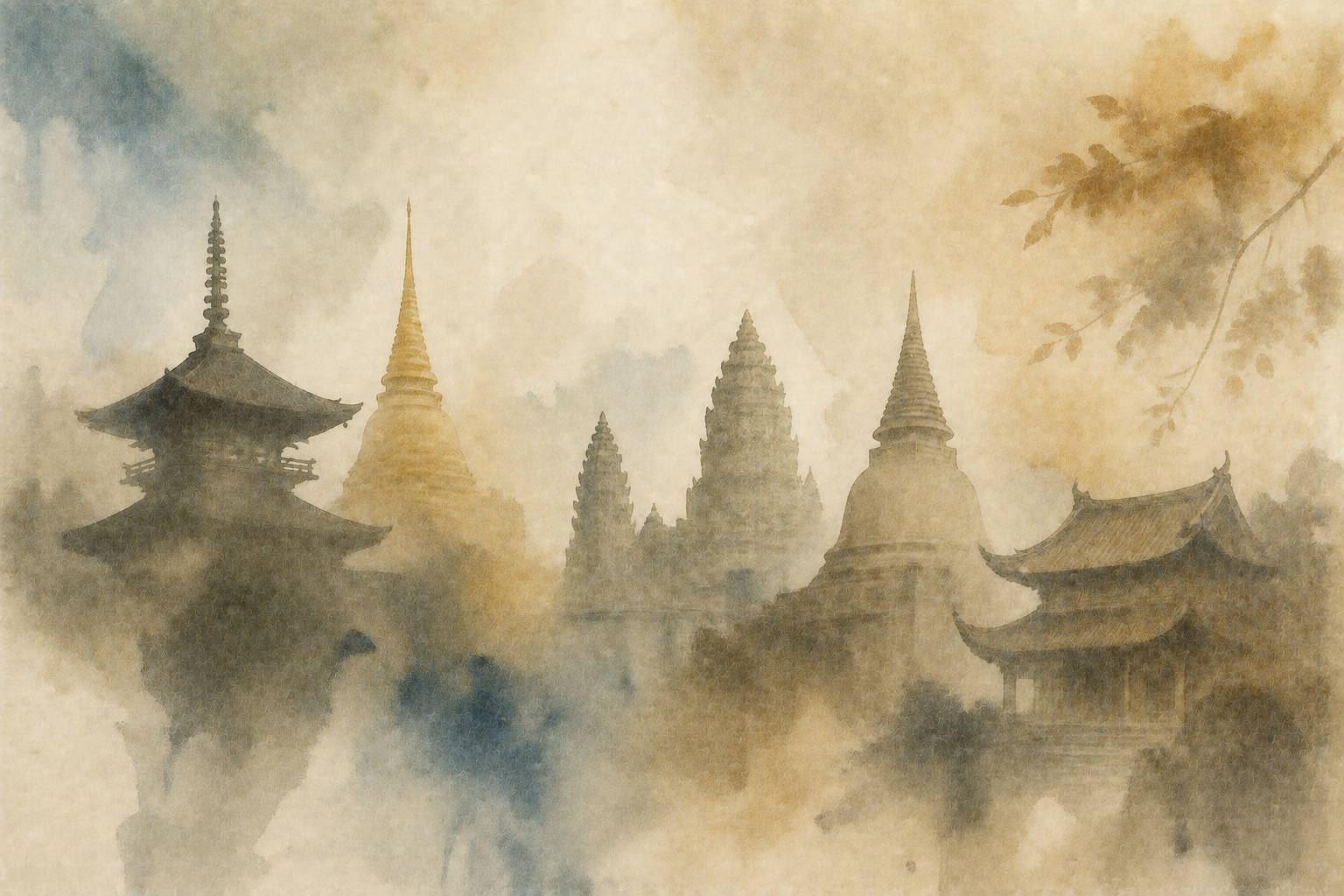 A watercolor painting depicting Buddhist temples and stupas of diverse architectural styles, symbolizing how Buddhist architecture evolved into unique forms within the various cultures of Asia.