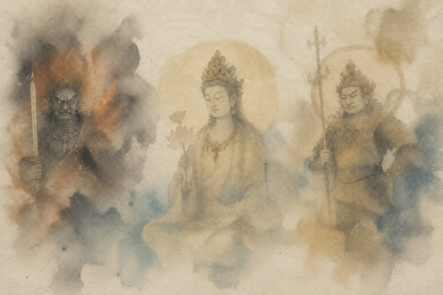 A watercolor painting depicting a wrathful deity wielding a sword, a serene bodhisattva holding a lotus, and a guardian deity brandishing a spear, thereby expressing the diverse manifestations of compassion and protection in Buddhism.
