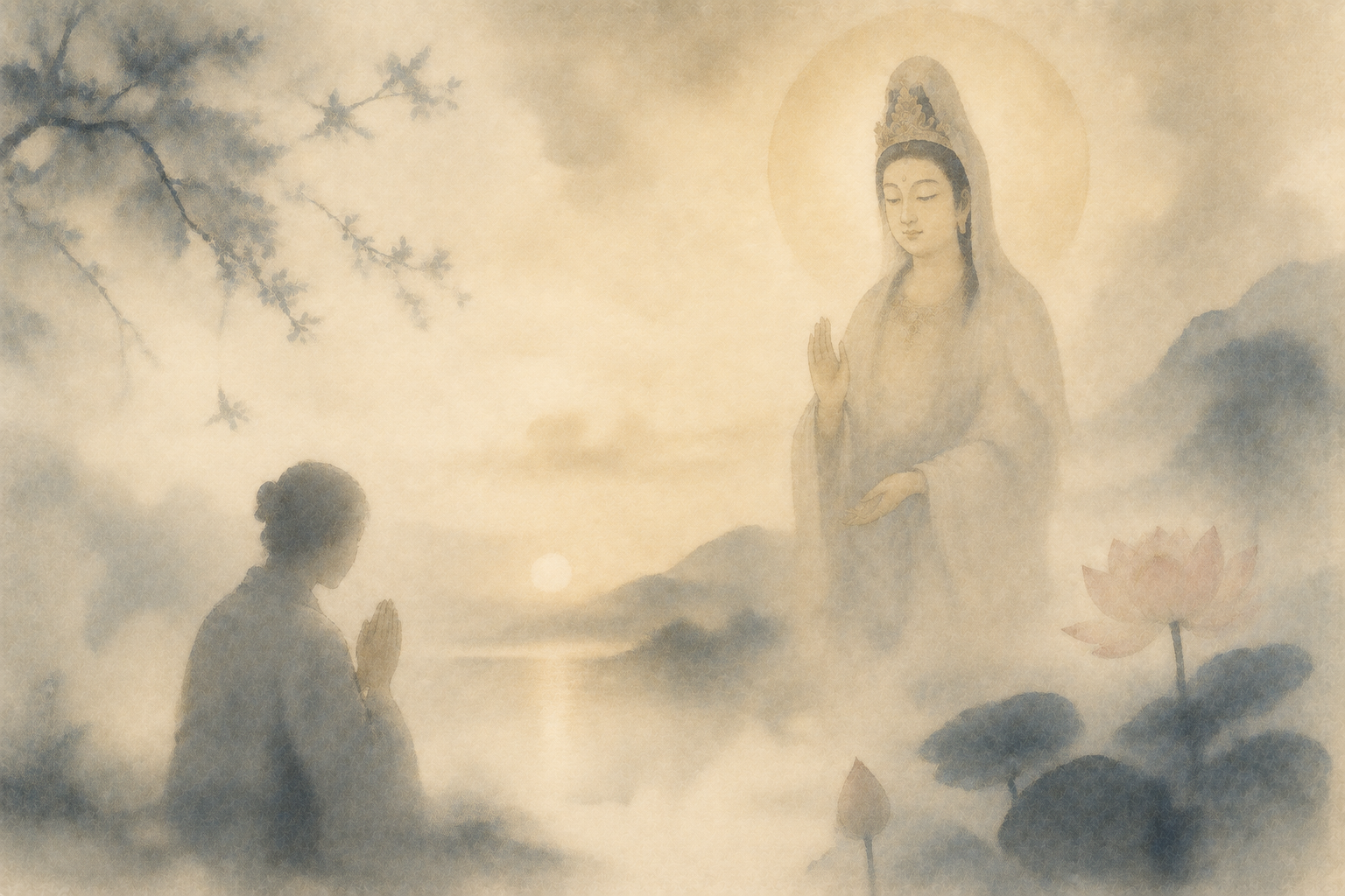 This soft watercolor painting depicts a person praying before a Kannon Bodhisattva who is gently raising a hand amidst a mist-shrouded landscape, symbolizing Buddhist compassion, salvation, and a source of spiritual support in daily life.