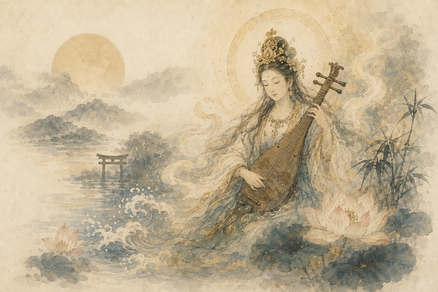 A watercolor painting depicting Benzaiten playing the biwa beside lotus flowers and flowing water, symbolizing music, wisdom, prosperity, and the faith passed down through generations in Japan.