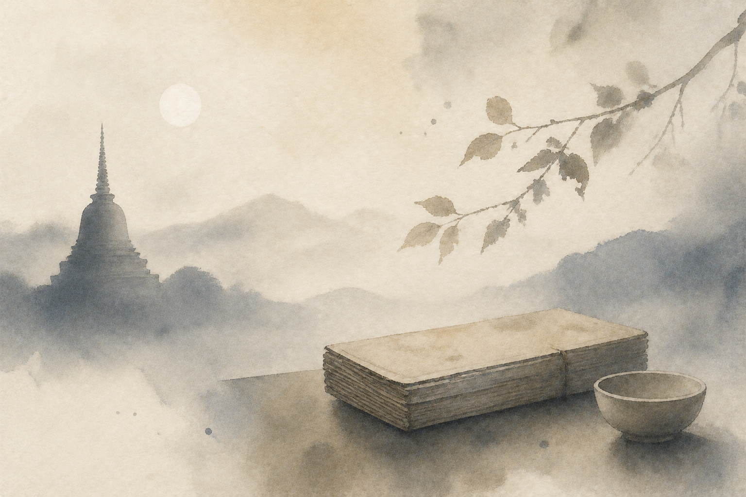 Watercolor illustration of an ancient Buddhist text beside a simple bowl, with a distant stupa and misty mountains, evoking the enduring teachings of the Dhammapada.
